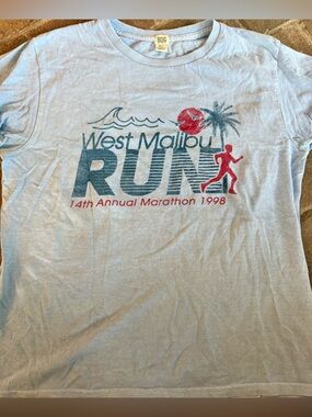 BDG Light Blue West Malibu RUN Marathon Tee with Red & Navy Graphics